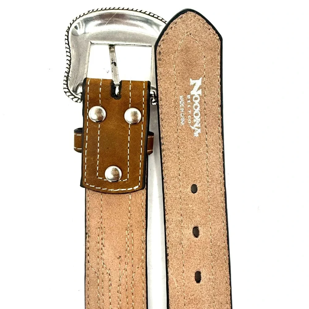 Nocona Western Leather Belt Sz 42 Brown Braided Inlay Cowboy Rodeo Silver Buckle